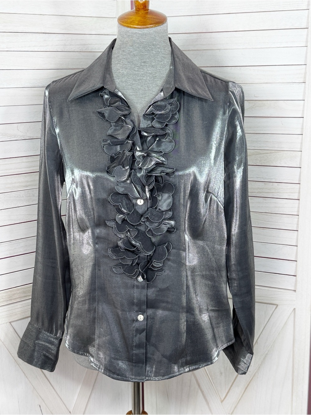 Agora Metallic Ruffle Front Button Up Shirt Blouse Silver Medium Whimsigoth Poet